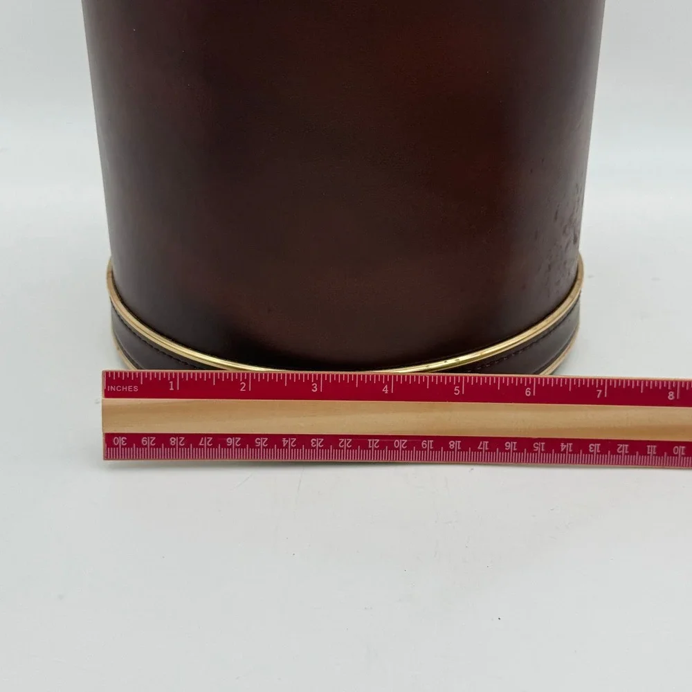 Vintage Barware Brown Faux Leather Ice Bucket Gold Trim Insulated with Lid
